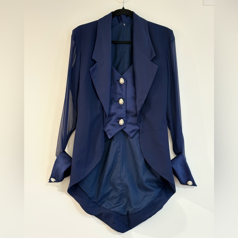 Chic Navy Women's Blazer with Sheer Sleeves